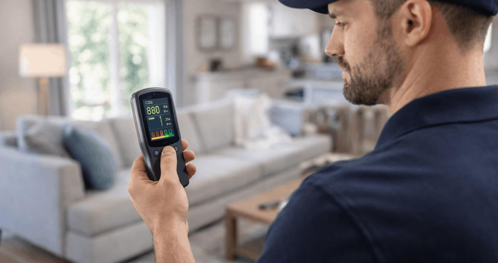 HVAC person on smart phone in living room